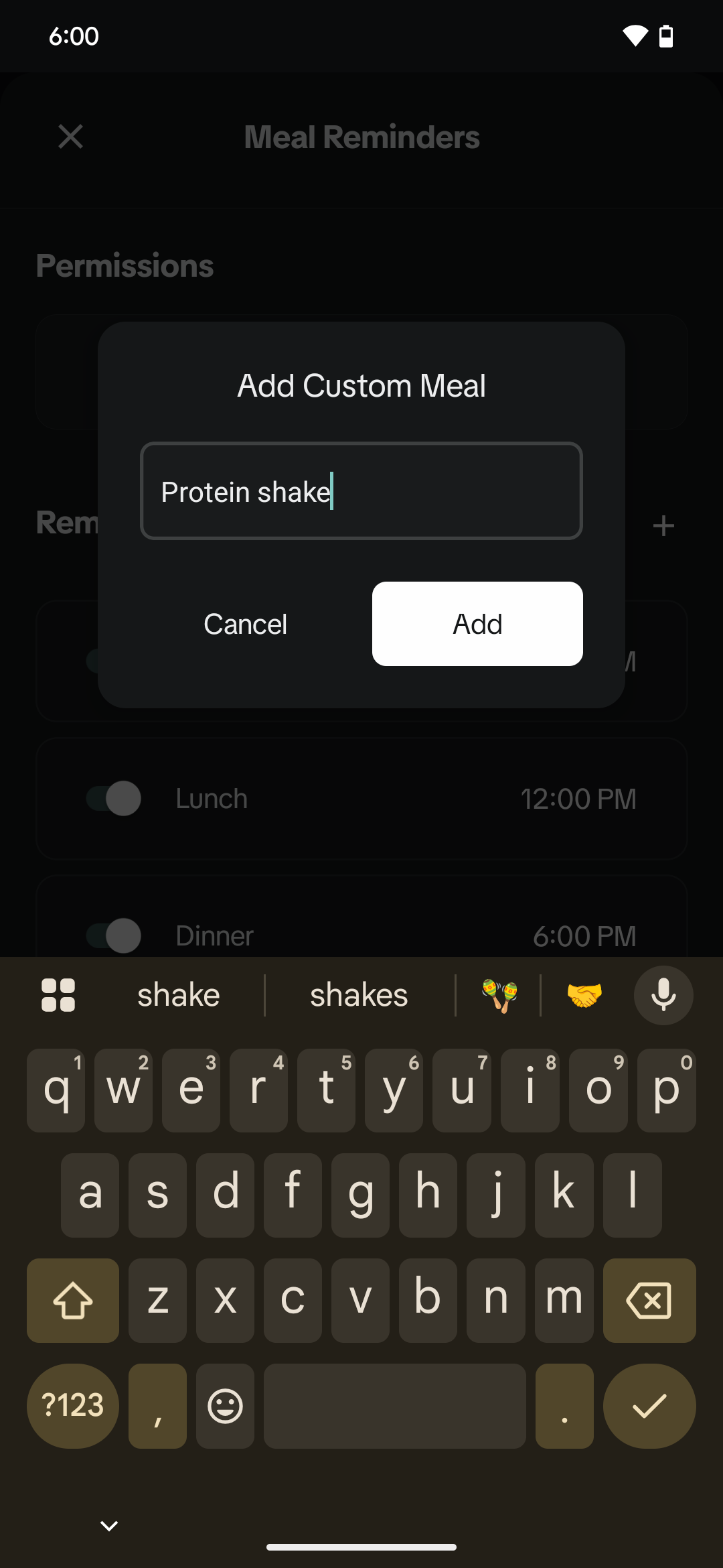 Add Custom Meal Reminder popup